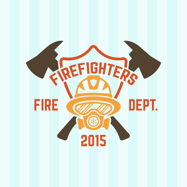 Fire department colored vector label, firefighter in a gas mask and shield Fire department colored vector label, firefighter in a gas mask and shield firefighter shield stock illustrations