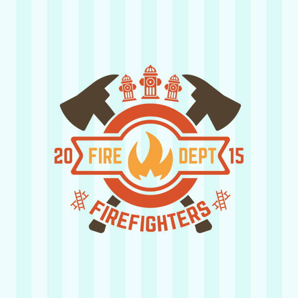 Fire department colored vector label, flame in a circle and two crossed axes Fire department colored vector label, flame in a circle and two crossed axes firefighter shield stock illustrations