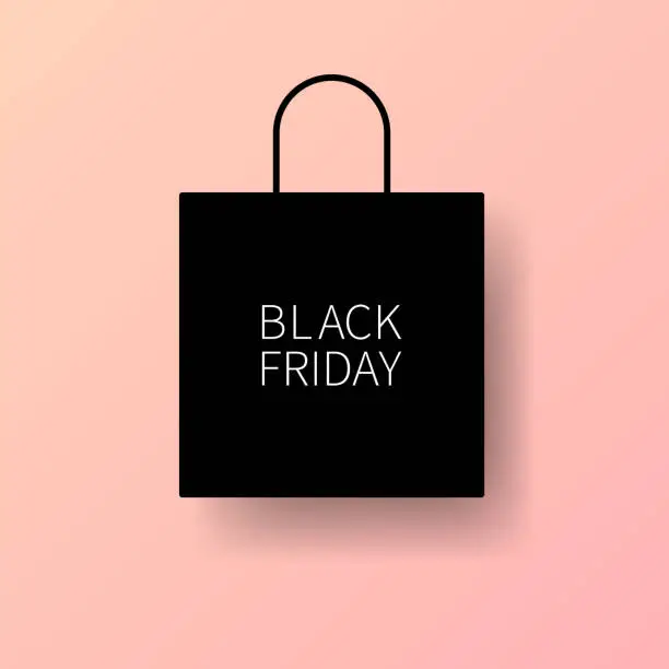 Vector illustration of Black friday sale illustration banner template with black shoping bag on pink background. Advertising, promotional banner in black and pink color. Vector EPS 10.
