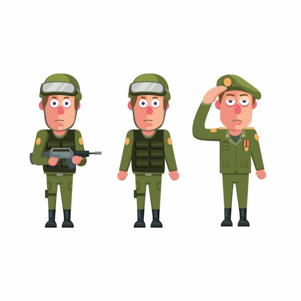 soldier armee mann einheitliche charakter symbol set konzept in cartoon-illustration vektor isoliert in weißen hintergrund - violence war gun camouflage stock-grafiken, -clipart, -cartoons und -symbole
