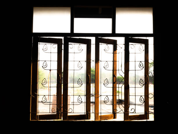 Wall of Wooden House, Windows with Wrought Iron