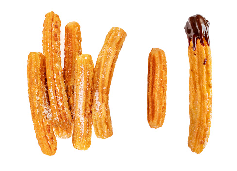 Churro isolated on white background. Traditional spanish food. Various Churros Top view. Flat lay