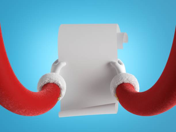 3d rendering, Santa Claus hands hold white scrolled paper, mail letter page, blank scroll, wish list mockup. Funny cartoon character. Christmas clip art isolated on blue background