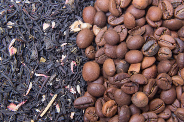 istock coffee beans and tea in leaves on the same photo 1282657521
