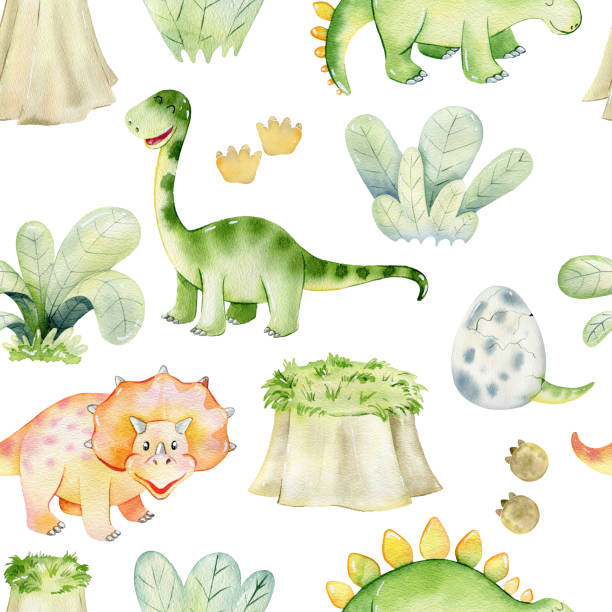 illustrations, cliparts, dessins animés et icônes de aquarelle dinosaures mignons. - brontosaurus illustration and painting watercolor painting watercolour paints