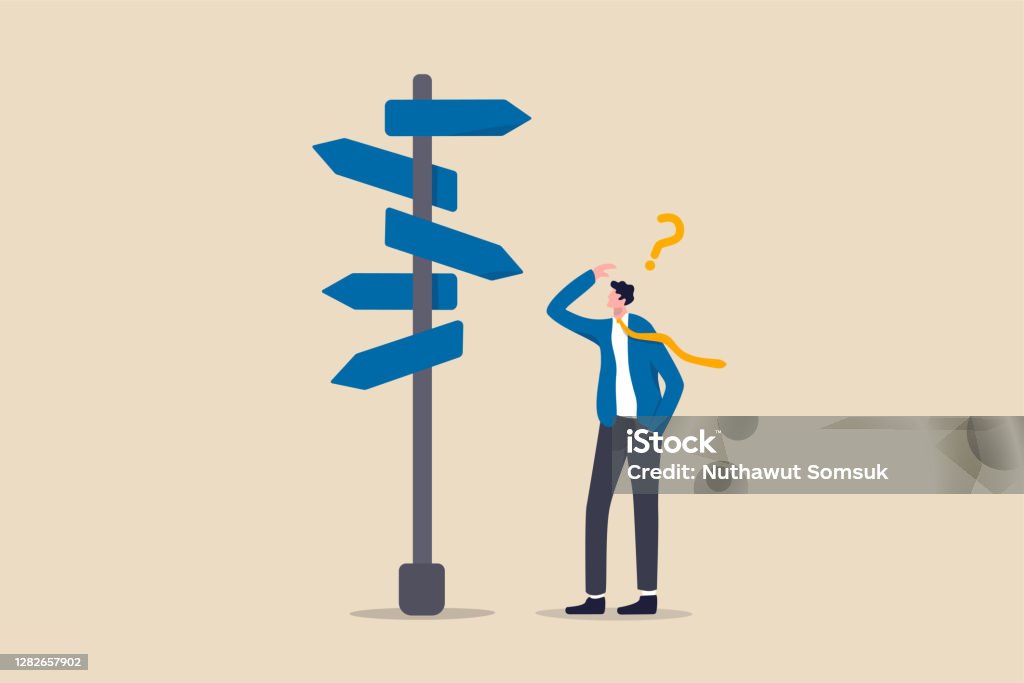 Business decision making, career path, work direction or leadership to choose the right way to success concept, confusing businessman manager looking at multiple road sign and thinking which way to go Footpath stock vector