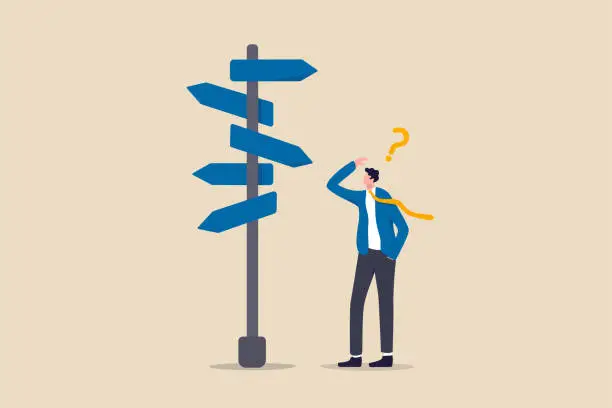 Vector illustration of Business decision making, career path, work direction or leadership to choose the right way to success concept, confusing businessman manager looking at multiple road sign and thinking which way to go