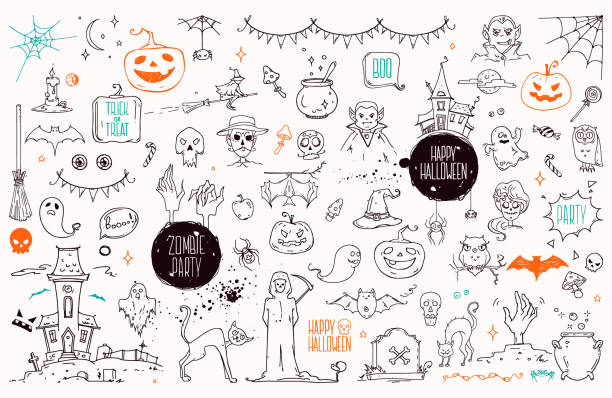 illustrazioni stock, clip art, cartoni animati e icone di tendenza di simboli di halloween illustrazioni lineari, raccolta clipart lettering. elementi disegnati a mano per volantini festivi, poster, banner, modelli di design di invito. isolato su sfondo bianco. - wizard magic broom stick