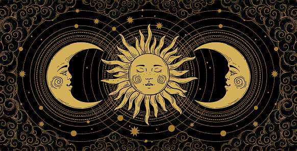 Mystical banner for astrology, tarot, boho design. Universe art, golden crescent and sun on a black background with clouds. Esoteric vector illustration, engraving
