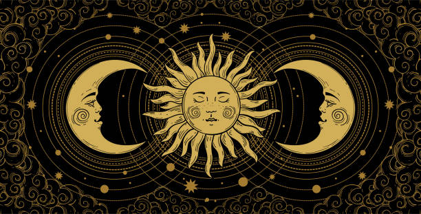 Mystical banner for astrology, tarot, boho design. Universe art, golden crescent and sun on a black background with clouds. Esoteric vector illustration, engraving. Mystical banner for astrology, tarot, boho design. Universe art, golden crescent and sun on a black background with clouds. Esoteric vector illustration, engraving moon symbols stock illustrations