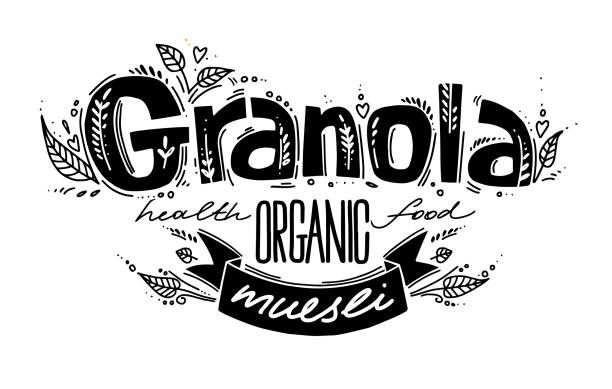 logo granola z odręcznym kaligrafią i wstążką w stylu doodle. musli, ekologiczna zdrowa żywność. czarno-biały wektor. - oat cereal plant oat flake backgrounds stock illustrations