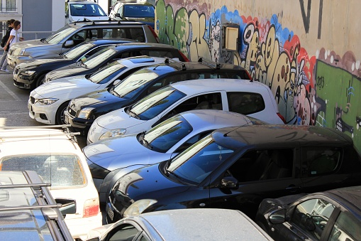 Cars at a parking in Athens, Greece, October 9 2020.