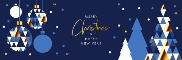 Merry Christmas and Happy New Year banner, greeting card, poster, holiday cover, header. Modern Xmas design in geometric style Merry Christmas and Happy New Year banner, greeting card, poster, holiday cover, header. Modern Xmas design in geometric style with triangle pattern, Christmas tree, ball, snow on night sky background merry christmas stock illustrations