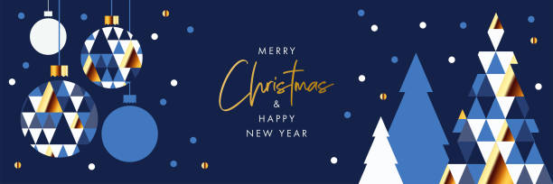 Merry Christmas and Happy New Year banner, greeting card, poster, holiday cover, header. Modern Xmas design in geometric style Merry Christmas and Happy New Year banner, greeting card, poster, holiday cover, header. Modern Xmas design in geometric style with triangle pattern, Christmas tree, ball, snow on night sky background new years eve party stock illustrations