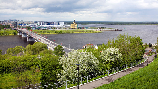 Nizhny Novgorod before a storm in blooming spring trees