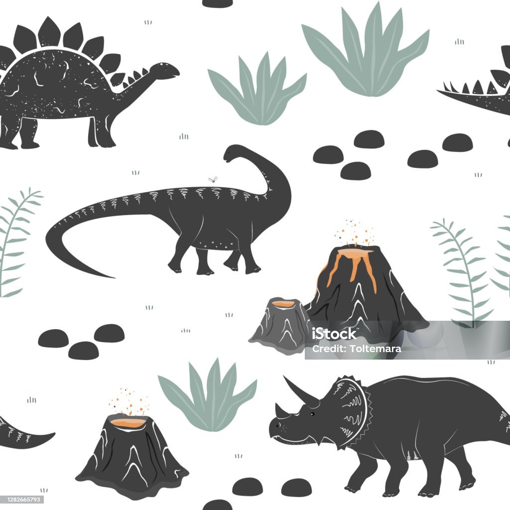 Vector Seamless Pattern With Cute Different Dinosaurs Plants And Volcano  Cartoon Landscape Of Jurassic Period With Dino Pastel Texture For Kids  Wallpaper Fabrics And Different Surfaces Stock Illustration - Download  Image Now -