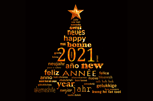 2021 new year multilingual golden text word cloud greeting card in the shape of a christmas tree