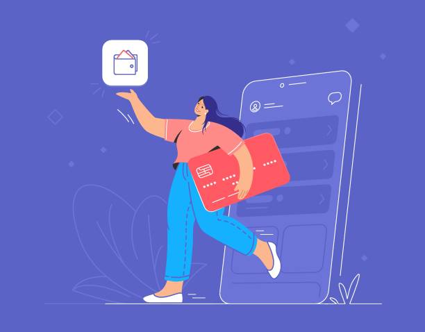 Online banking, ewallet and credit card Online banking, ewallet and credit card. Flat vector illustration of smiling woman going out of a smartphone with red credit card and pionting to wallet mobile app for accounting and investments financial loan illustrations stock illustrations