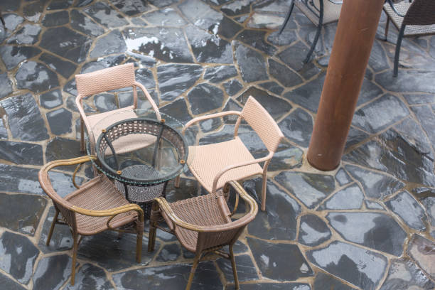 Empty Local Coffee Shop or outdoor restaurant on the mountain with foggy weather. Empty Tables and chairs for your design.