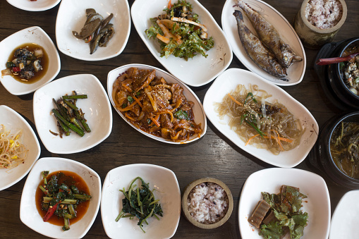 variety of side dishes korean style meal table