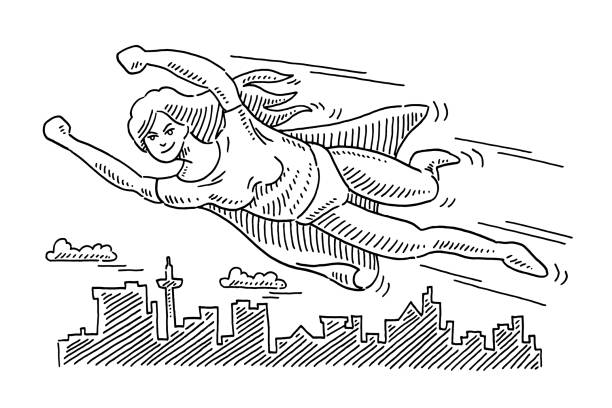 superhero kobieta latające nad rysunkiem miasta - superhero comic book cityscape flying stock illustrations