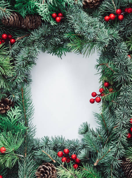 istock Fir tree frame, pine cone, red berry and blank paper 1282669404
