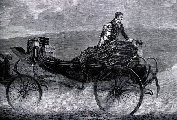 New York, NY - January 6 1872: Dust kicking up from wheels as a fine dressed couple looks back from the carriage buggy. 1800s atireand dress, line drawing art. Illustrative Editorial