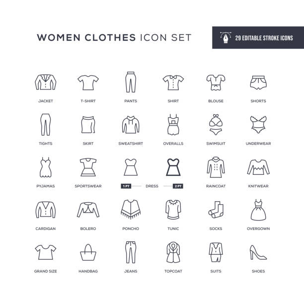 Women Clothes Editable Stroke Line Icons 29 Women Clothes Icons - Women Clothes icon set is prepared by creating the icons of the most common "women clothing" categories on the web. This icon set can be used on e-commerce web pages, web apps, mobil apps, print works, and other related platforms. - Editable Stroke - Easy to edit and customize - You can easily customize the stroke weight fashion icons stock illustrations