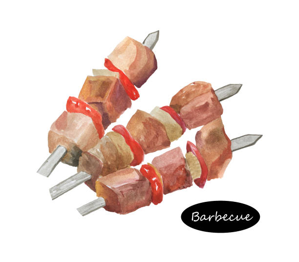 Smoked and Grilled Barbeque Kebab with vegetables isolated. Vector shashlik or shashlik, skewered meat originally made of lamb. Meat with onion and tomatoes. Skewered bruschetta pork veal. Smoked and Grilled Barbeque Kebab with vegetables isolated. Vector shashlik or shashlik, skewered meat originally made of lamb. Meat with onion and tomatoes. Skewered bruschetta pork veal dangerous steak stock illustrations