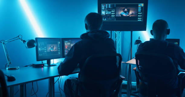 istock Secret base with hackers working in night 1282678103