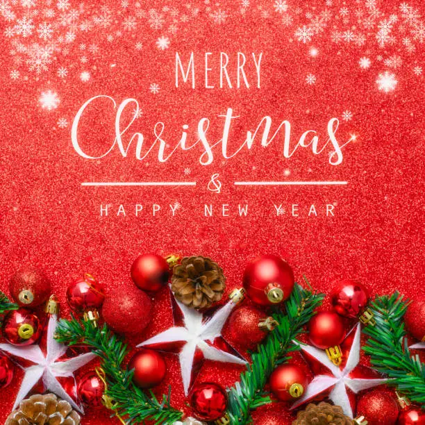 Photo of Christmas and New Year typographical on red background with Red glitter texture