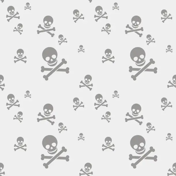 Vector illustration of vector flat art seamless pattern of gray human skull with two crossed bones on a white background