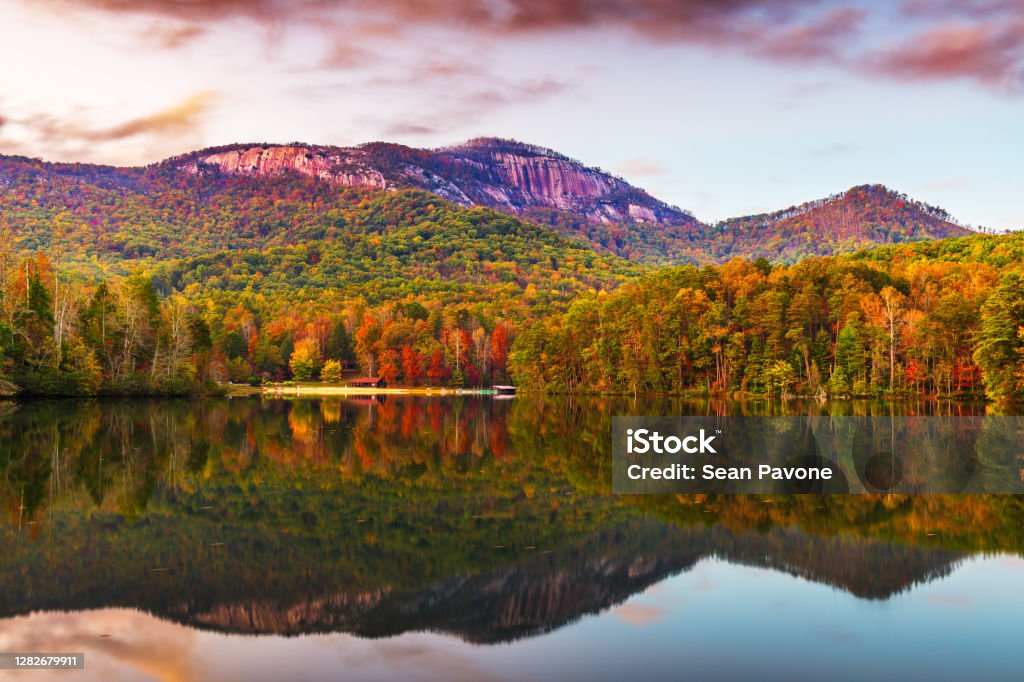 Table Top Mountain, Pickens, SC lake view in autumn at dusk. Table Top  Mountain, Pickens, South Carolina, USA lake view in autumn at dusk. South Carolina Stock Photo