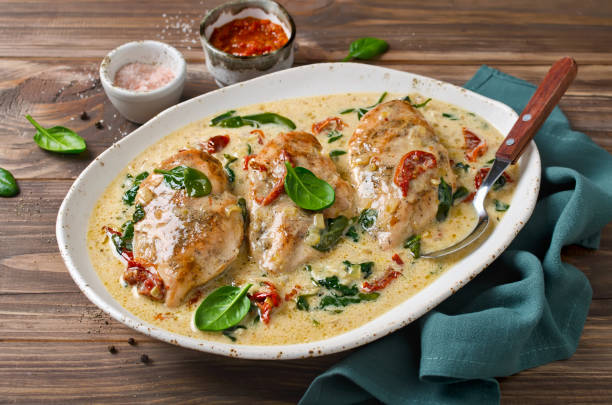 istock Chicken fillet with spinach and sun-dried tomatoes in coconut milk 1282679962
