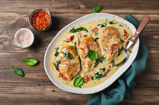 Chicken fillet with spinach and sun-dried tomatoes in coconut milk. Healthy food