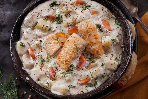 Butter Poached Salmon Chowder with Potatoes, Carrots and Fresh Dill