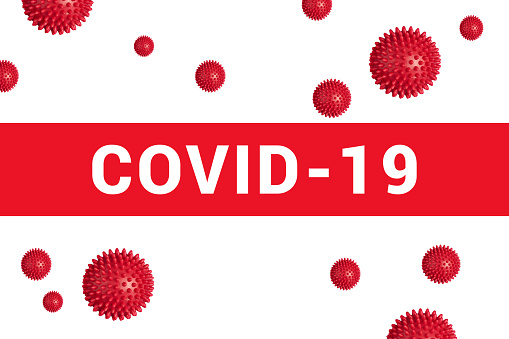 Bright red headline with inscription COVID-19 on white with abstract virus strain model. Coronavirus confirmed as pandemic by World Health Organization