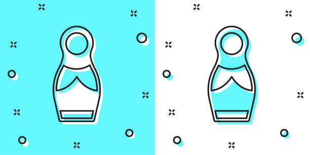 ilustraciones, imágenes clip art, dibujos animados e iconos de stock de línea negra muñeca rusa matryoshka icono aislado sobre fondo verde y blanco. formas dinámicas aleatorias. vector - babushka russian nesting doll doll green