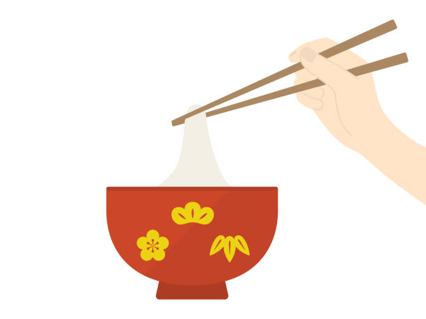 illustrations, cliparts, dessins animés et icônes de soupe contenant des gâteaux de riz et des légumes - chopsticks nobody red white background