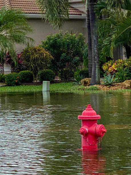 Flooding in a suburban neighborhood Boynton Beach, United States-October 23, 2020: Streets in a suburban residential community flooded due to a week long rainstorm that dropped over 20 inches of rain on South Florida. fire hydrant demonstrates how deep the water is. Extreme weather has become more common due to climate change and global warming. real estate outdoors vertical usa stock pictures, royalty-free photos & images