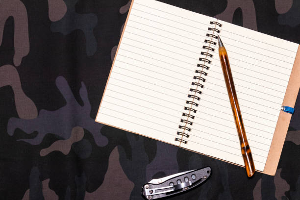 istock Hunting background. Blank notepad on a military camouflage background. Place for text. Flatly, top view 1282694618