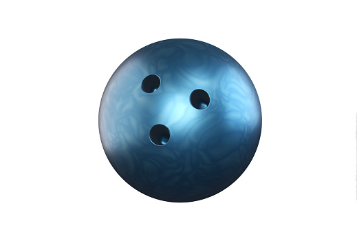 3D Blue Bowling Ball on white background. Horizontal composition with copy space.
