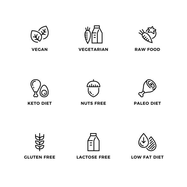 illustrazioni stock, clip art, cartoni animati e icone di tendenza di set vettoriale di elementi di design, modello di design del logo, icone e badge per diete sane. - cucina vegetariana immagine