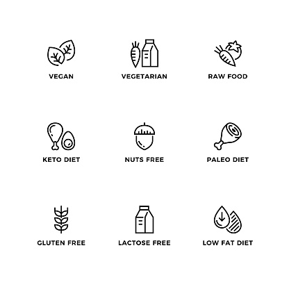 Vector set of design elements, logo design template, icons and badges for healthy diets. Line icon set, editable stroke.