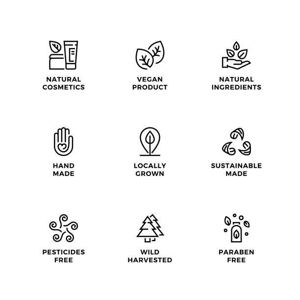 Vector set of design elements, logo design template, icons and badges for eco and bio products. Vector set of design elements, logo design template, icons and badges for eco and bio products. Black and white, line icon set, editable stroke. ingredient stock illustrations
