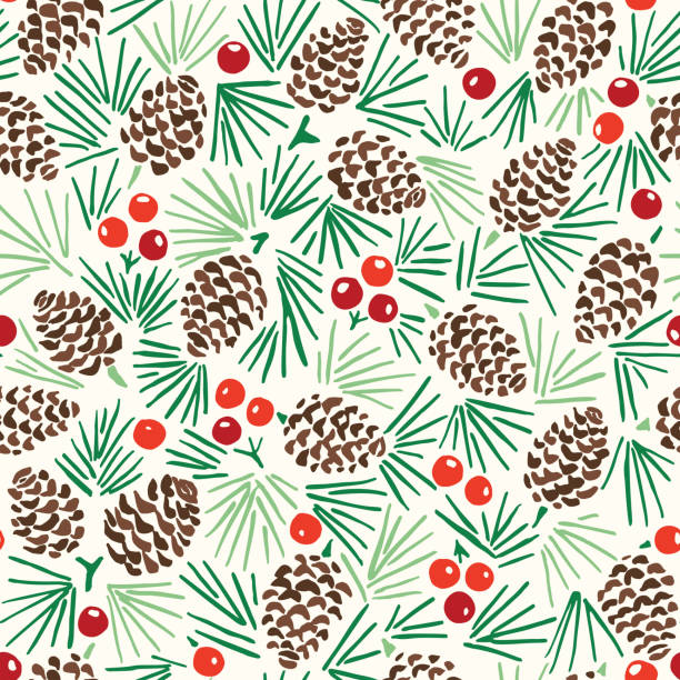 Hand Drawn Linocut Abstract Christmas Pine Cone Foliage Horizontal Vector Seamless Pattern Hand Drawn Abstract Christmas Pin Cone, Red Berries, Fir Tree Foliage Horizontal Vector Seamless Pattern on Light Background. Modern Winter Linocut Holiday Print. Perfect for Invitations, Gift Paper all over pattern stock illustrations