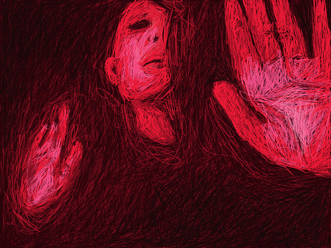 A hand-drawn frightening woman's face and hands. Red and black.