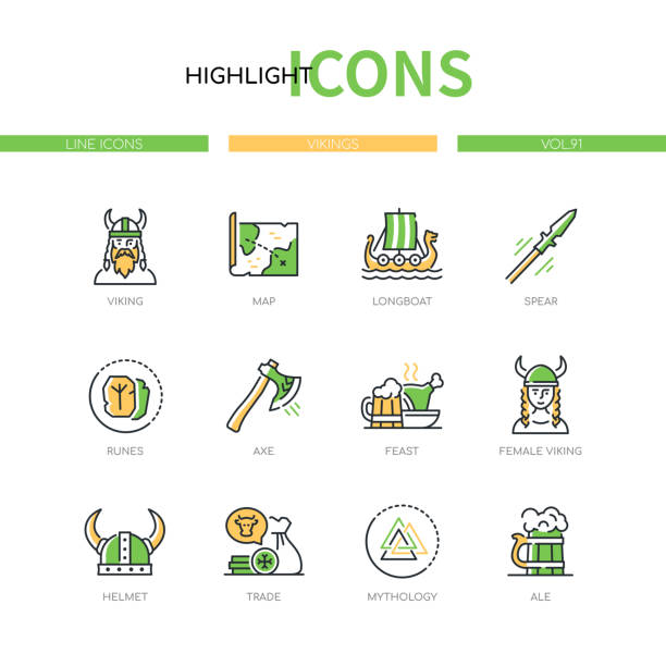 Vikings - modern line design style icons set Vikings - modern line design style icons set. Scandinavian culture in medieval period, signs and symbols, history idea. Map, longboat, spear, runes, axe, feast, helmet, trade, mythology, ale images green map of norway stock illustrations