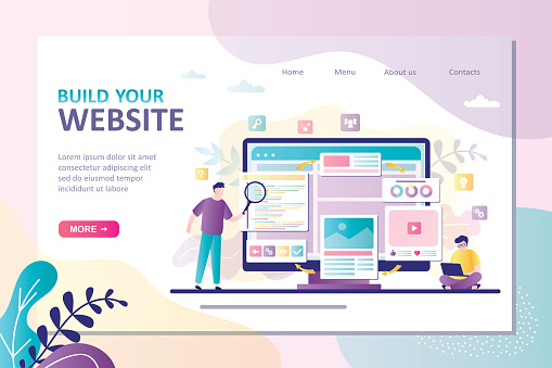 Business team builds and optimize website. Concept of construction and development webpage. Male character is coding or programming new site on laptop. Landing page template. Flat vector illustration