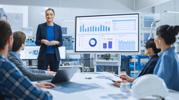 Modern Industrial Factory Meeting: Confident Female Engineer Uses Interactive Whiteboard, Makes Report to a Group of Engineers, Managers Talks and Shows Statistics, Growth and Analysis Information